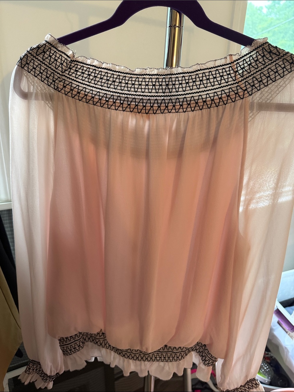 Tory Burch Blush Pink Sheer Peasant Blouse with Black Embroidered Trim - Picture 2 of 4